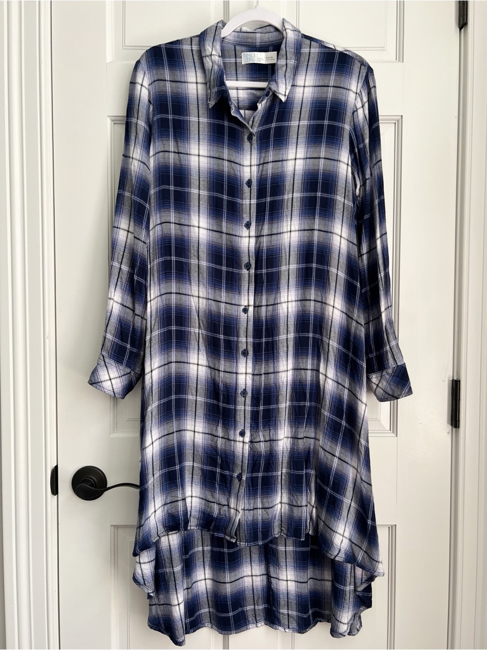 Time and True Blue & White Plaid Button-Down Tunic Plaid Shirt Dress Size M